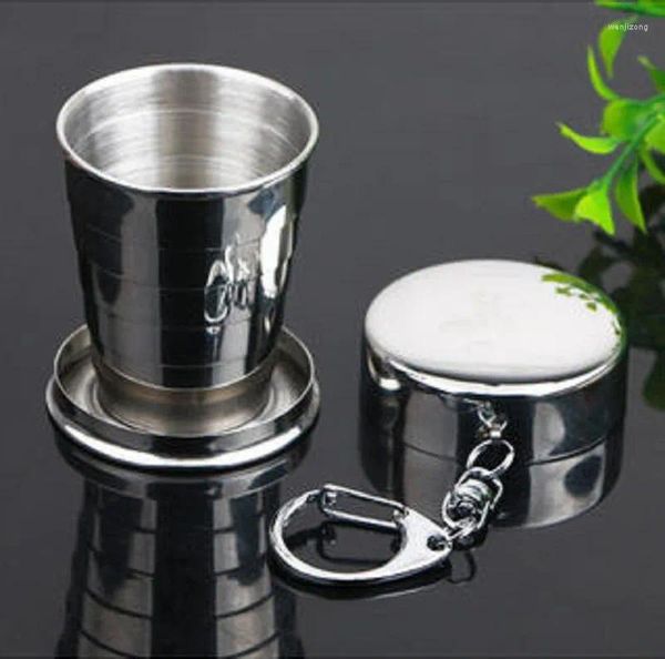 Canecas portátil copo retrátil de aço inoxidável ao ar livre com corrente de suspensão viagem bebendo caneca de café dobrável
