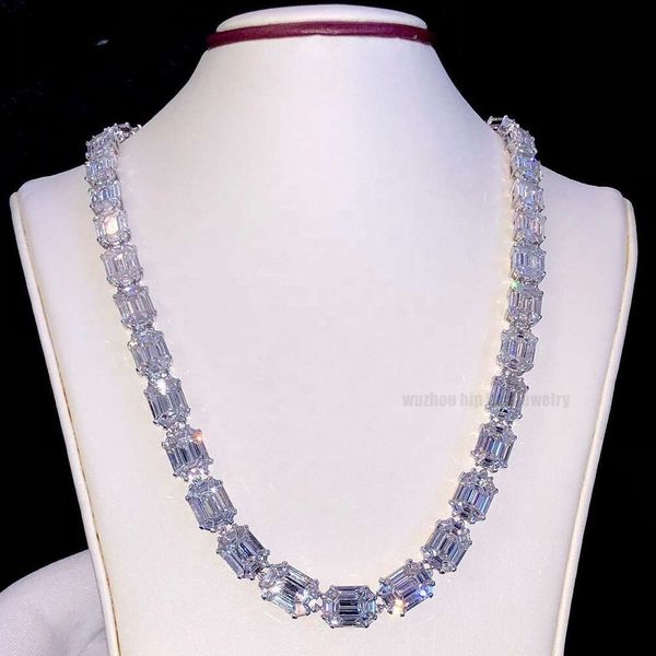 Özel Erkekler Buzlu Çıkış Hiphop Zinciri Yüksek Kalite S925 Gümüş Damgalı Lüks VVS Emerald Cut Diamond Moissanit Tenis Kolye