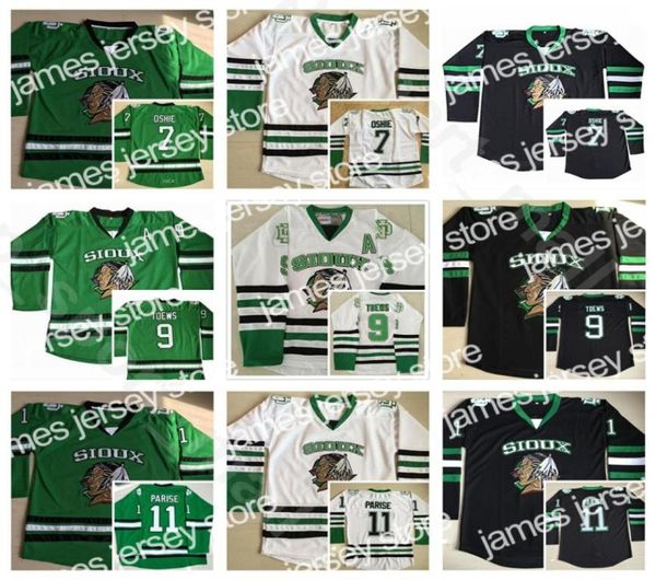 Новые 24 трикотажные изделия North Dakota Fighting Sioux Vintage College 9 Джонатан Тэйвс 11 Зак Париз 7 TJ Oshie Hockey Home Черный Зеленый 8622728