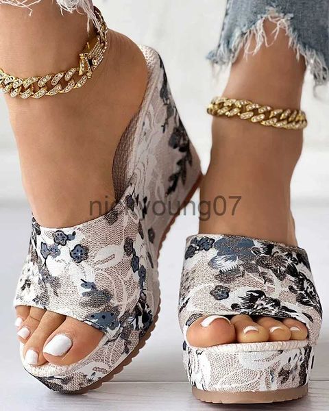 Chinelos femininos sapatos de moda sapatos casuais flip flops verão vintage floral impressão peep toe cunha chinelos j240122