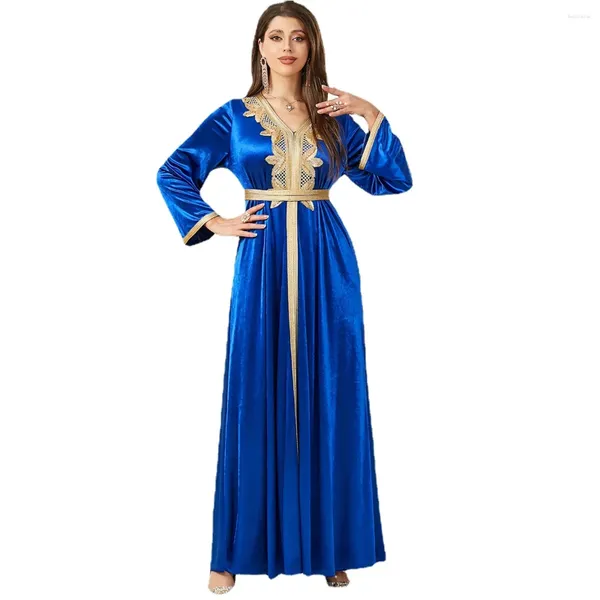 Ethnische Kleidung Zigui Muslimisches Kaftan-Abaya-Kleid für Damen, Dubai, Russland, Saudi-Arabien, Hochzeitsabend, Langarm, V-Ausschnitt, Stickerei, arabischer Samt