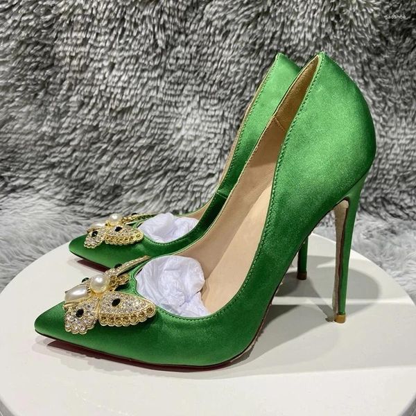 Scarpe eleganti Glitter Farfalla Decor Donna Raso verde di seta Punta a punta Tacco alto Festa nuziale Elegante slip on Décolleté a spillo