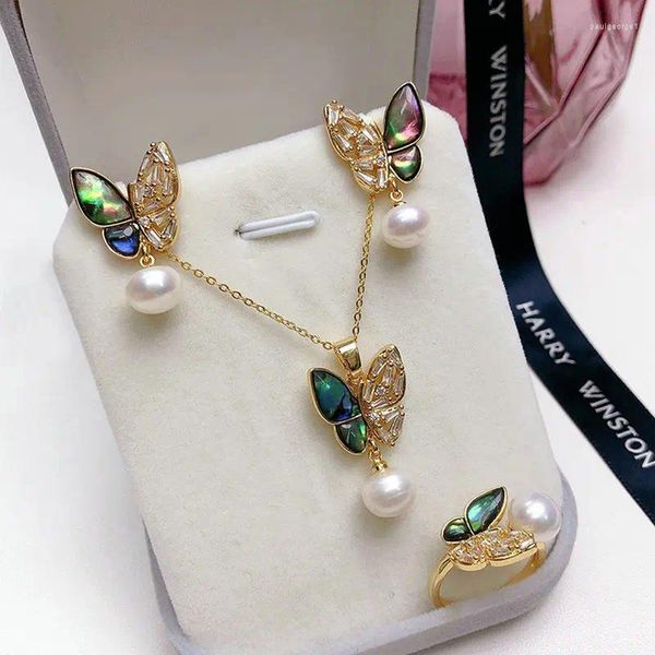 Orecchini di collana set coreano guscio di colore elegante a farfalla naturale farfalla a sospensione gioiello anello per femmina