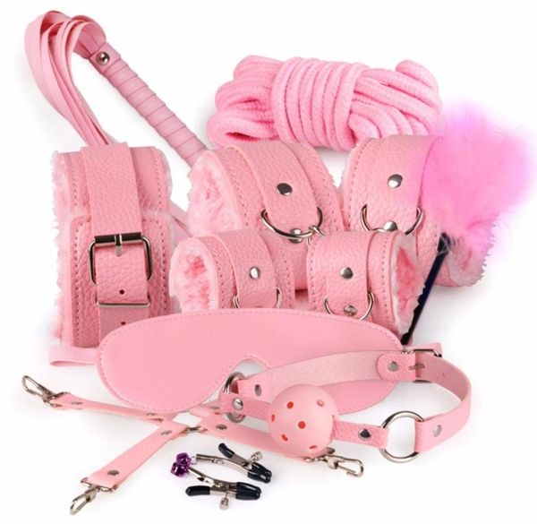 10 pezzi set lingerie sexy pu pelle sesso mano s bdsm bondage set piede bavaglio frusta corda benda giocattoli erotici del sesso per adulti Y1912075059385