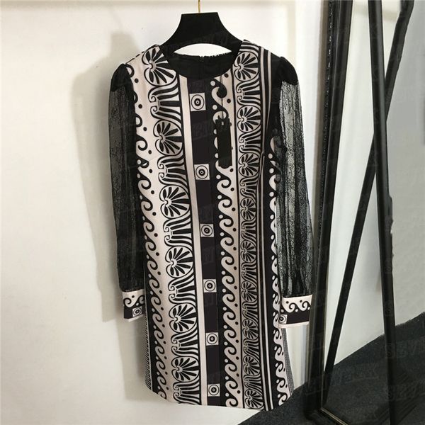 Vestidos clássicos estampados com manga de renda saias pretas para mulheres manga comprida vestido casual charmoso para festa de casamento roupas de saia