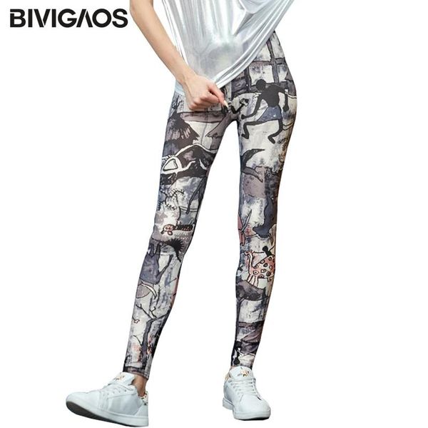 Capris Bivigaos Cartoon Milk Milk Silk Print Leggings Женщины красочные граффитистые готические леггинсы