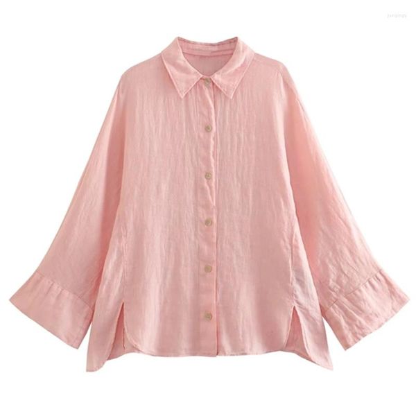 Blusas femininas murchas moda senhoras japonês simples camisa de linho manga larga solta blusa rosa feminino casual topo