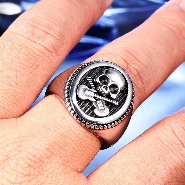 2024 Coole Gitarre Totenkopf Ring Gold/Silber Farbe 14K Weißgold Biker Totenkopf Ring Herren Punk Rock Siegelring Schmuck Party Bestes Geschenk