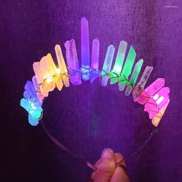 Haarschmuck Natürlicher weißer Kristallquarz Drusy Craft Wickelstirnband mit LED-Leuchten Christma Cosplay Hexe Braut Tiara Kamm Zubehör