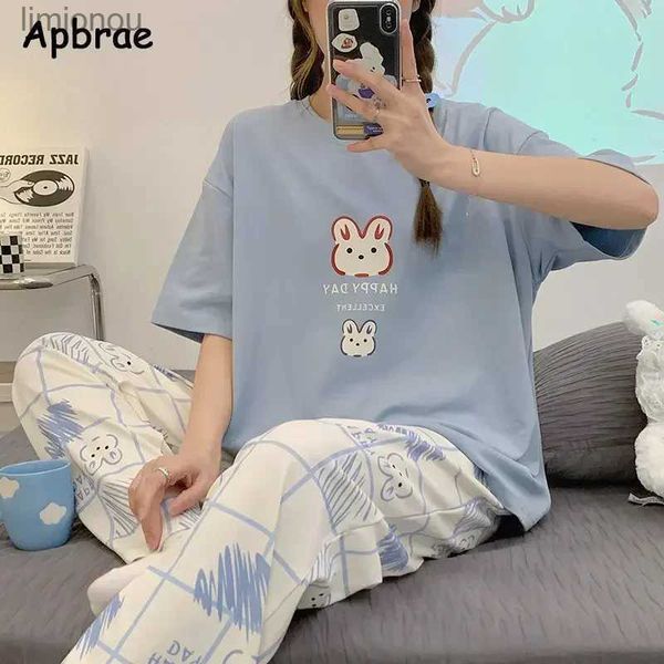 Lounge de sono feminino novo pijama de algodão dos desenhos animados para mulheres verão manga curta calças compridas pijamas moda coreana coelho impressão roupas para casaL240122