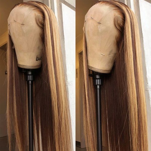 34 Zoll gerade Highlight Lace Front Echthaar 13x4 Lace Frontal Perücken brasilianische Remy 13x6 honigblonde farbige Perücken für Frauen