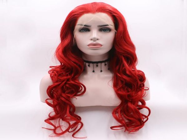 Rote lange Körperwelle 360 Lace Front Perücken Kleberlose hitzebeständige synthetische Spitzeperücke natürlicher Haaransatz für weißschwarze Frauen5752122