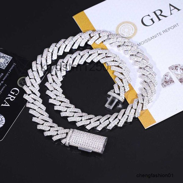 Cuban Link Chain Colar Designer para Homens Mulheres Jóias Sólida Prata Pass Diamond Tester Vvs Moissanite Chian 2 Linhas 15mm w Colares Presente AGKK