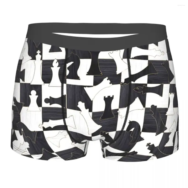 Mutande Modello con figure di scacchi - Mutandine traspiranti in legno bianco e nero Biancheria intima maschile Stampa Pantaloncini Boxer