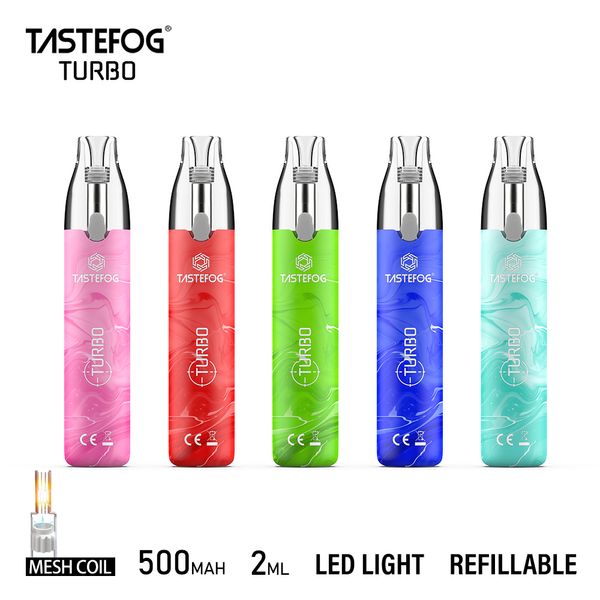 Stylo vape jetable vide Tastefog Turbo d'origine avec 10 ml d'e-liquide 800 bouffées de vapes Pod 2 ml Pod rechargé 500 mAh Batterie rechargeable 5 couleurs 12 saveurs Vente chaude