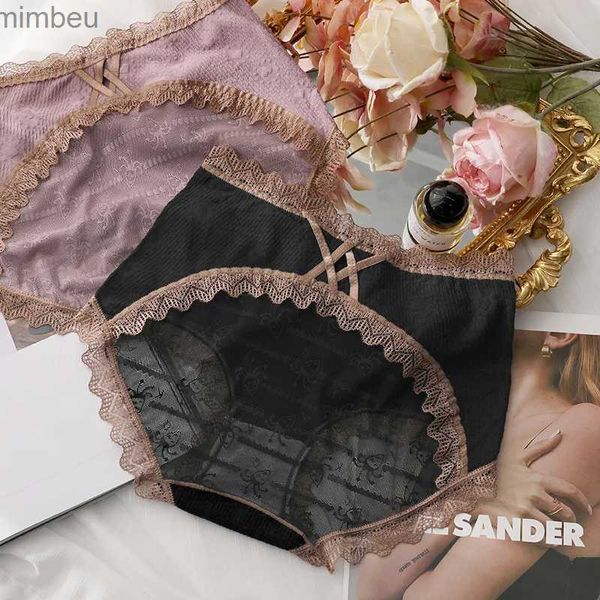 Sexy conjunto de cintura alta sexy calcinha de renda feminina algodão roupa interior senhoras calcinha sexy transparente malha briefs lingerie macia feminina underpantsl240122