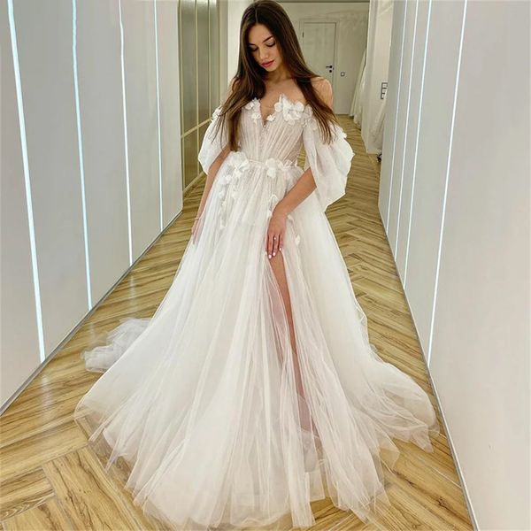 Stunningbride 2024 Abiti da sposa sexy Semplice fata collo a cuore Plus Size Boho 3D fiori manica a sbuffo eleganti abiti da sposa da spiaggia