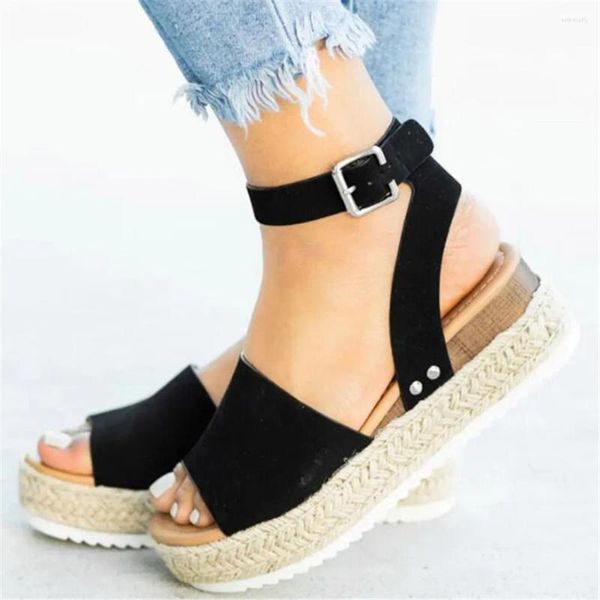 Sandalen Frau Gladiator Sommer Keile Schuhe High Heels Plattform Peep Toe Schnalle Mode Stroh Seil Atmungsaktive Pumpen