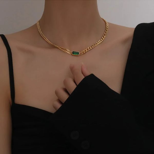 Vintage Grün Blau Strass 14k Gelbgold Halskette Rot Quadrat Kristall Anhänger Halskette für Frauen Große Kette Choker Schmuck Zubehör Party