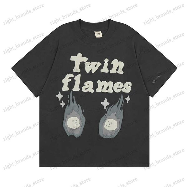 Homens camisetas Novo verão Twin Flame Puff Quebrado Bordado Manga Curta Tees Unisex Streetwear Baggy Y2K Algodão Camisetas Oversized Men's Top T240122