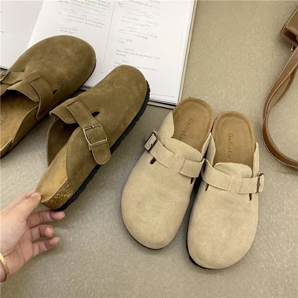 Einfache Damen-Hausschuhe mit geschlossener Zehenpartie, Kuh-Wildleder, Clogs, Sandalen für Damen, Retro-Mode, Garten-Mule-Clog-Slides