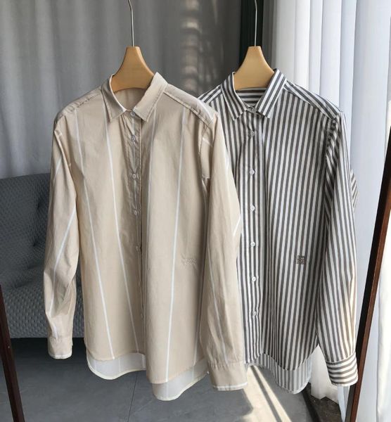 Blusas femininas 2024 primavera estilo europeu de alta qualidade algodão listrado manga comprida camisa c040