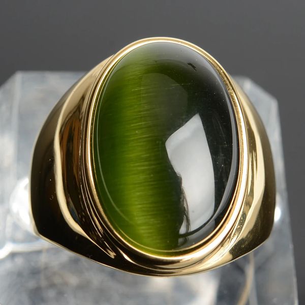 18k Gold Farbe Damen Ring Edelstahl Schmuck mit großem Katzenauge Stein Anlauffrei Herren Accessoires Männliche Ringe Hohe Qualität 240122