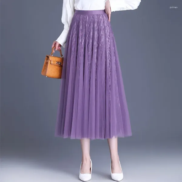 Gonne Maglia Impiombata Due lati Viola Nero Gonna Lunga A Pieghe Primavera Autunno Donna Elegante Chic Dolce Allentato Casual Maxi 9263