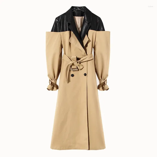 Damen Trenchcoats 2024 Herbst und Winter britischer Stil Temperament Leder Kontrastfarbe Windjacke Zweireiher 7Z246