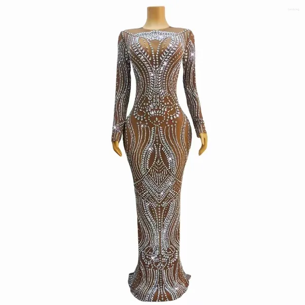 Palco desgaste sexy prata strass escuro nu vestido transparente aniversário comemorar outfit baile feminino cantor modelo mostrar vestidos longos