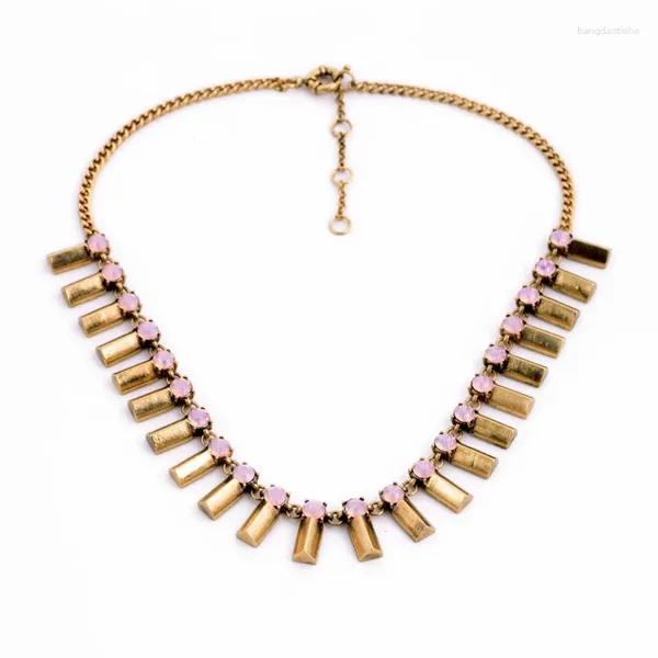 Gargantilha artesanal única feminina colar cor dourada curta simples retrô rosa gema liga de zinco