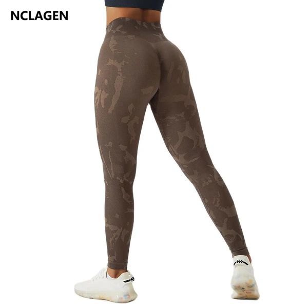 Calças Nclagen Mulheres Sports Leggings Camuflagem Calças de Yoga Cintura Alta Hip Lifting Fiess Running Squat Proof Quick Dry Gym Collants