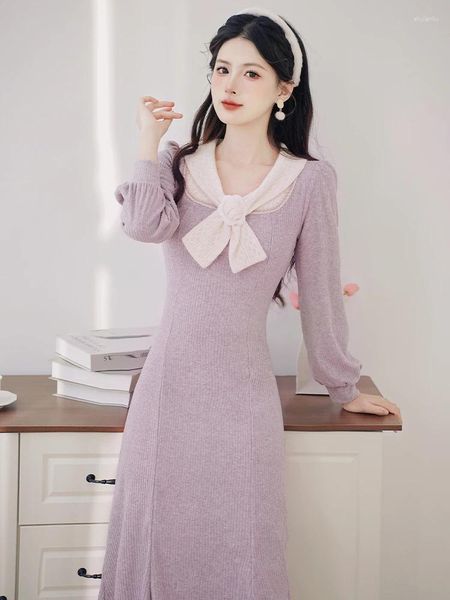 Повседневные платья, элегантное трикотажное платье во французском стиле для женщин, фиолетовое романтическое кружевное платье с нашивкой и бантом, модное платье на осень/зиму, вязаное платье