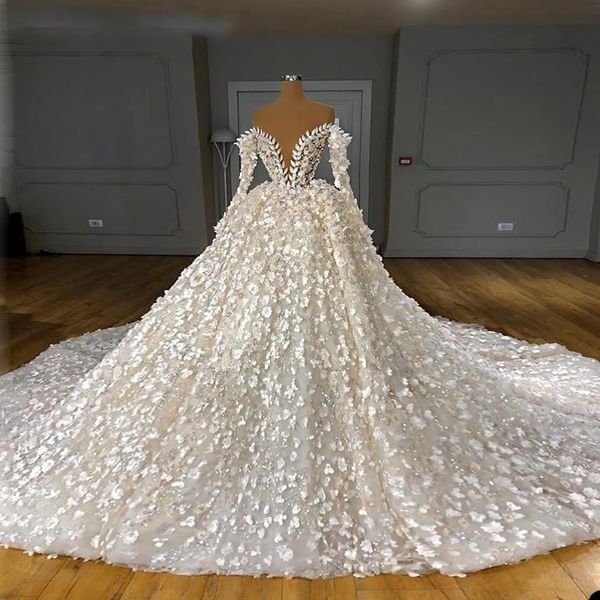 Stunningbride 2024 Abito da ballo floreale con fiori 3D Abito da sposa Splendido con spalle scoperte Manica lunga Puffy Princess Abiti da sposa africani