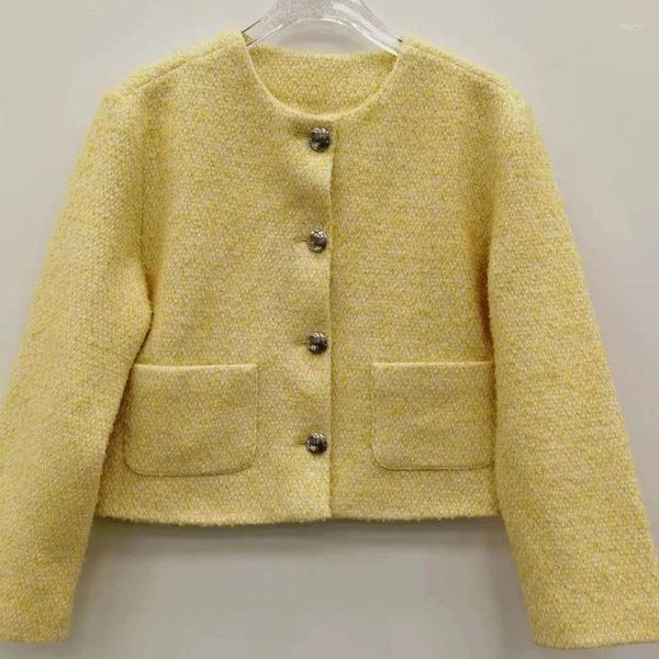 Jaquetas femininas nicho francês 23 outono/inverno tweed grosso em torno do pescoço metal único breasted temperamento cardigan dourado jaqueta curta