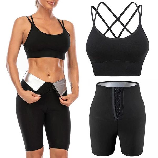 Pantolon Sauna Shaper Pantolon Set Spor Sütyen Vücut Shaper Sıcak Ter Sauna Etkisi Zayıflama Fiess Shapewear Tayt Egzersiz Salonu Şort