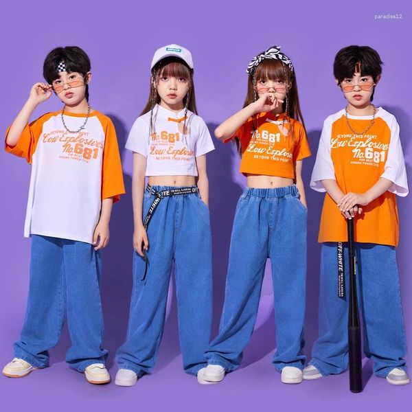 Abbigliamento da palcoscenico Abbigliamento hip-hop per bambini Abiti da spettacolo Kpop T-shirt bianca arancione Pantaloni jeans denim per ragazza Ragazzo Costumi di danza jazz Abiti da strada