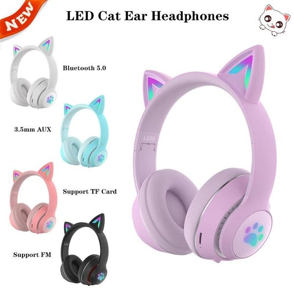 Kopfhörer Neue LED-Katzenohr-Headsets Niedliche kabellose Kopfhörer Bluetooth 5.0 Gaming-Headset mit Mikrofon Bestes Geschenk Unterstützt TF-Karte FM-Radio