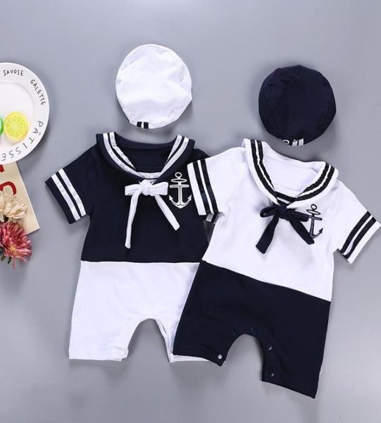 Bebê menino menina roupa de algodão marinheiro estilo marinho hatromper manga curta 2 peças conjunto macacão infantil verão roupas de aniversário 3612M 27199495