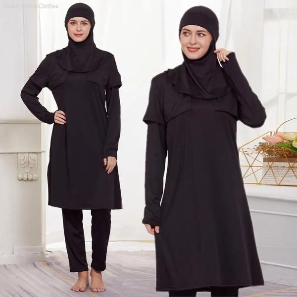 Dragen 3 Stuks Sets Vrouwen Moslim Islamitische Zwarte Baden Burkinis Sets Arabische Bescheiden Volledige Cover Tops Broek Badmode Badpak Beachwear
