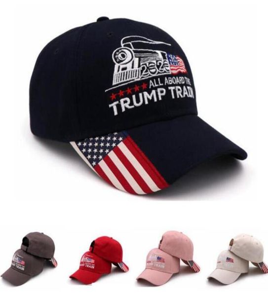 Berretto da baseball Donald Trump Train ricamo esterno Tutto A bordo del cappello da treno Trump berretto sportivo a strisce con bandiera USA Cap LJJA337957615492