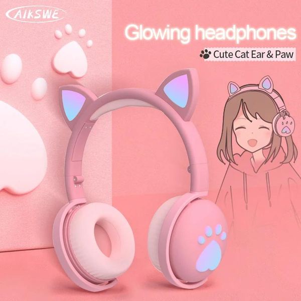 Наушники AIKSWE, Bluetooth-наушники, светящиеся милые светодиодные кошачьи уши, подарок для девочек, детская гарнитура, беспроводная HIFI стерео басовая вилка 3,5 мм с микрофоном