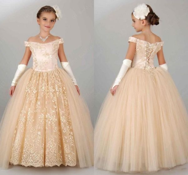 2020 Champagne Flower Girl Dress Appliques in pizzo LaceUp Ball Gown Bambini Abiti da spettacolo di bellezza Vestido Longo 7653804
