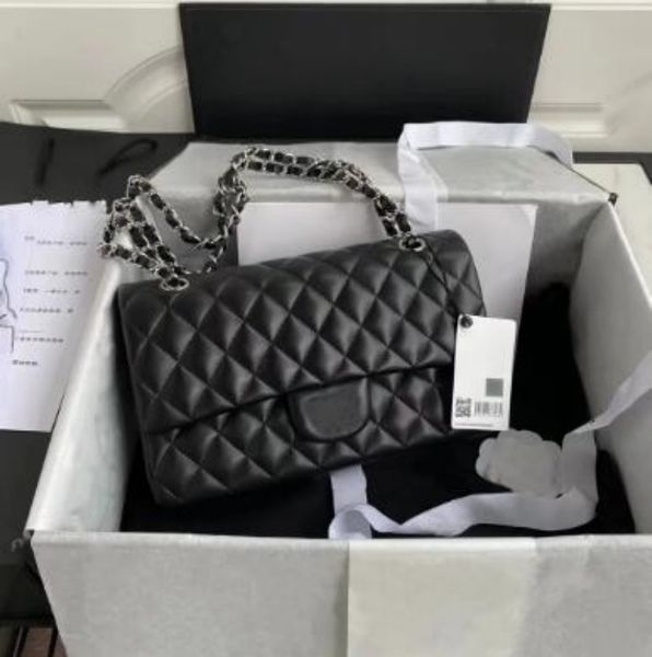 2024 10A Top Tier Quality Jumbo Double Flap Bag Luxury Designer 23cm 25cm 30cm Couro Real Caviar Lambskin Classic All Black Bolsa Acolchoada Bolsa Ombro