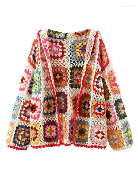 Maglieria da donna 2024 BOHO Fiore scozzese colorato Lavorato a mano all'uncinetto Cardigan con cappuccio Donna etnica Cucitura aperta Maglione a maniche lunghe Maglione corto da spiaggia