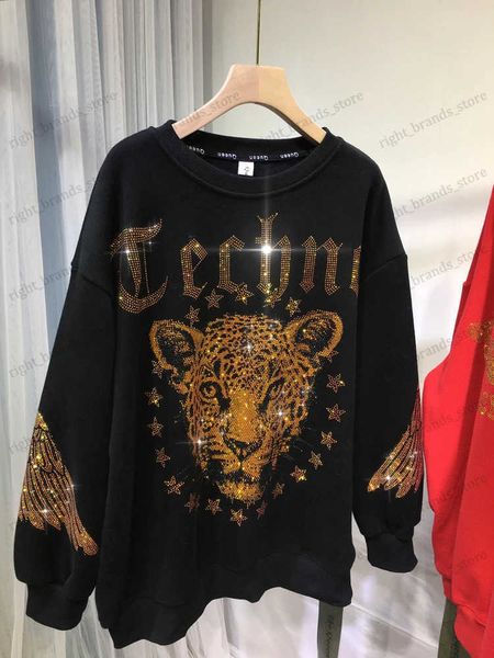 Damen Hoodies Sweatshirts Leopard Strass L-4XL Plus Size Bluse Luxusmarke Sweatshirt für Damen Herren Frühling Herbst Große Größen Damen Sweatshirts T240122