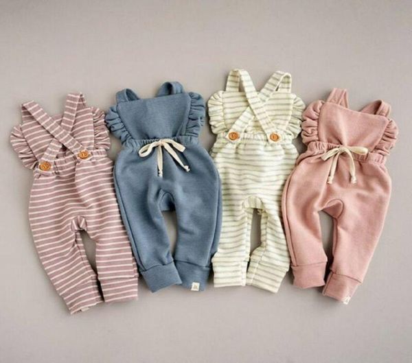4 cores recém-nascidos roupas de bebê sem costas listrado plissado macacão macacão roupas bebê menina menina macacão crianças suspender jumps7202015