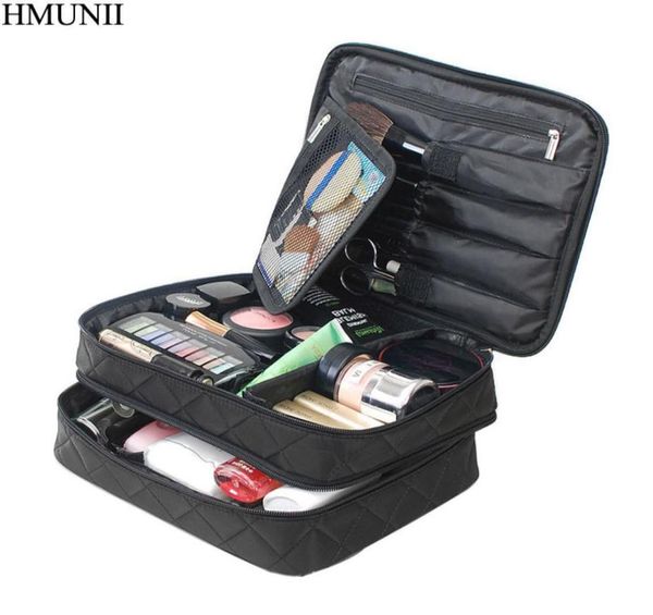 Hmunii bolsa de cosméticos de grande capacidade, organizador de pincel de maquiagem, camada dupla, padrão de pontos, bolsa de higiene pessoal para viagem, com espelho9448607