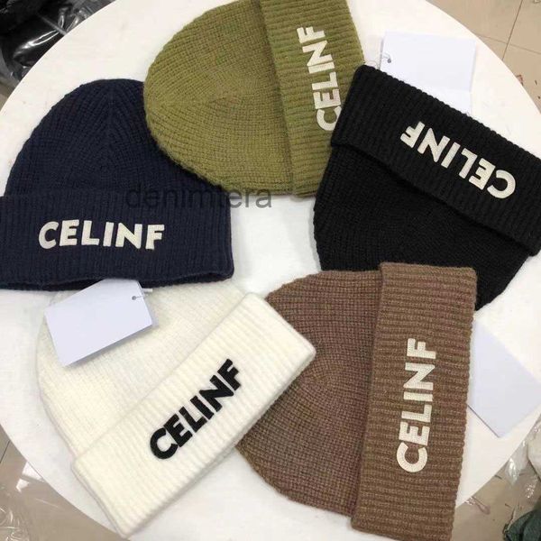 Celinf outono/inverno chapéu de malha grande marca designer gorro/bonés de caveira empilhados baotou carta com nervuras de lã mraa