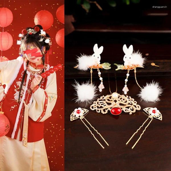 Haarspangen 5 teile/satz Plüsch Fell Frauen Hairsticks Für Cosplay Kinder Mädchen Headwear Metall Hanfu Chinesischen Stil Stick Haarnadel